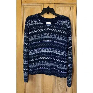 Alps Womens Fair Isle Cotton V-Neck Ski Sweater Size Large Blue 90s VINTAGE
